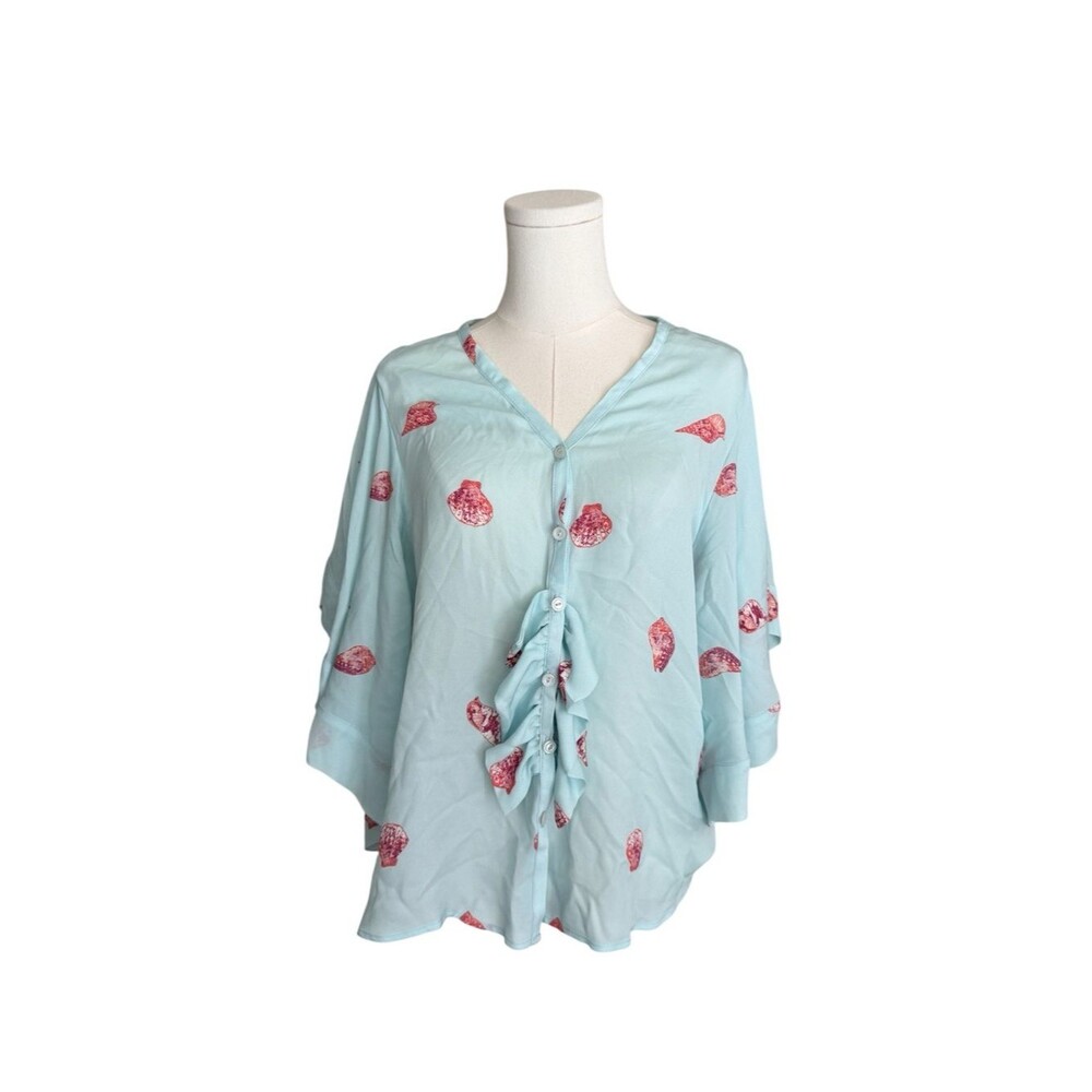 Karen Falco 100% Silk Seashell Print Blouse Top Aqua Blue Ruffle Flutter Sleeve
